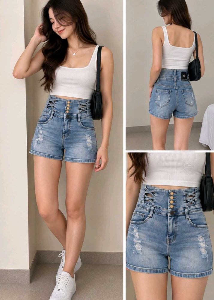 Distressed High-Waisted Denim Shorts