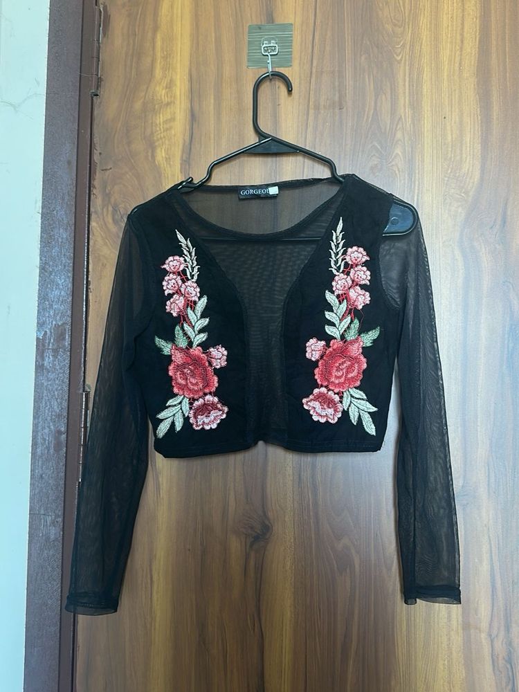 Sheer Black Floral Embroidered Top