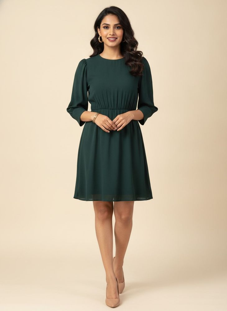 Chic Dark Green Puff Sleeve Dress