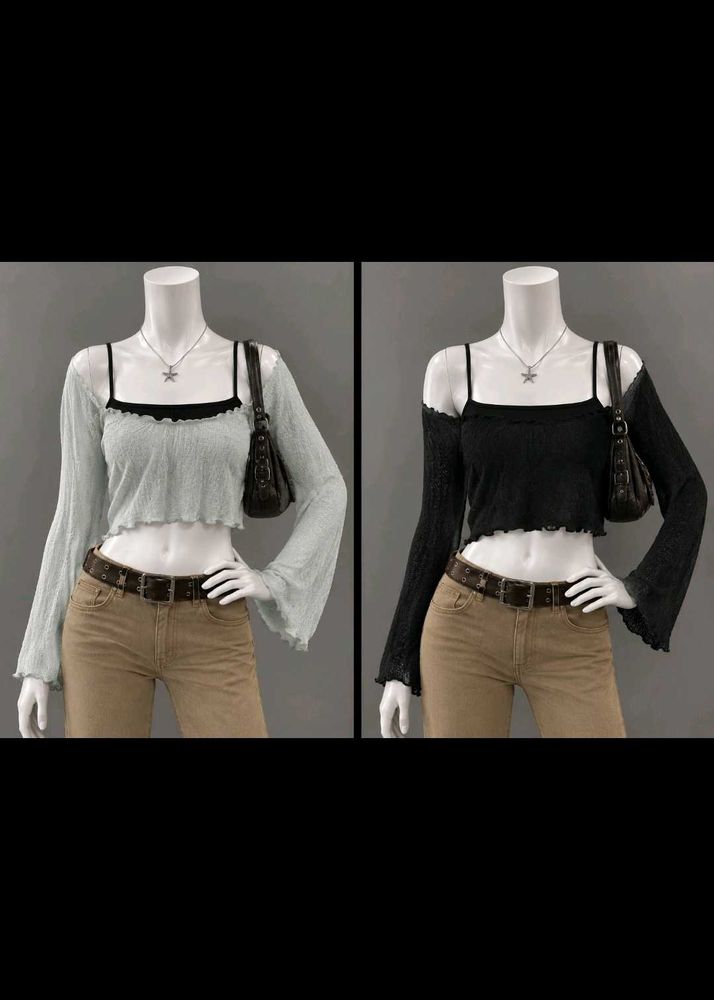 Sheer Bell Sleeve Crop Top Set