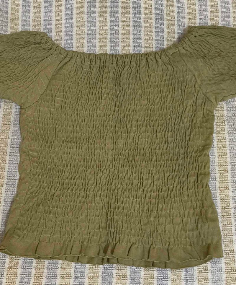 Olive Green Off Shoulder Smocked Top | Stretch Fit
