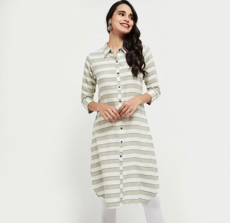 Women Striped Viscose Rayon Straight Kurta (White)
