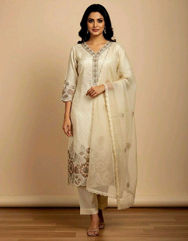 Elegant Cream Embroidered Kurta Set 30-32 size