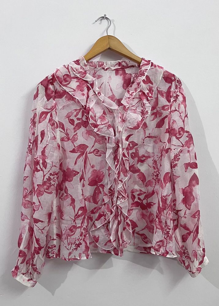 Chic Floral Print Ruffle Blouse