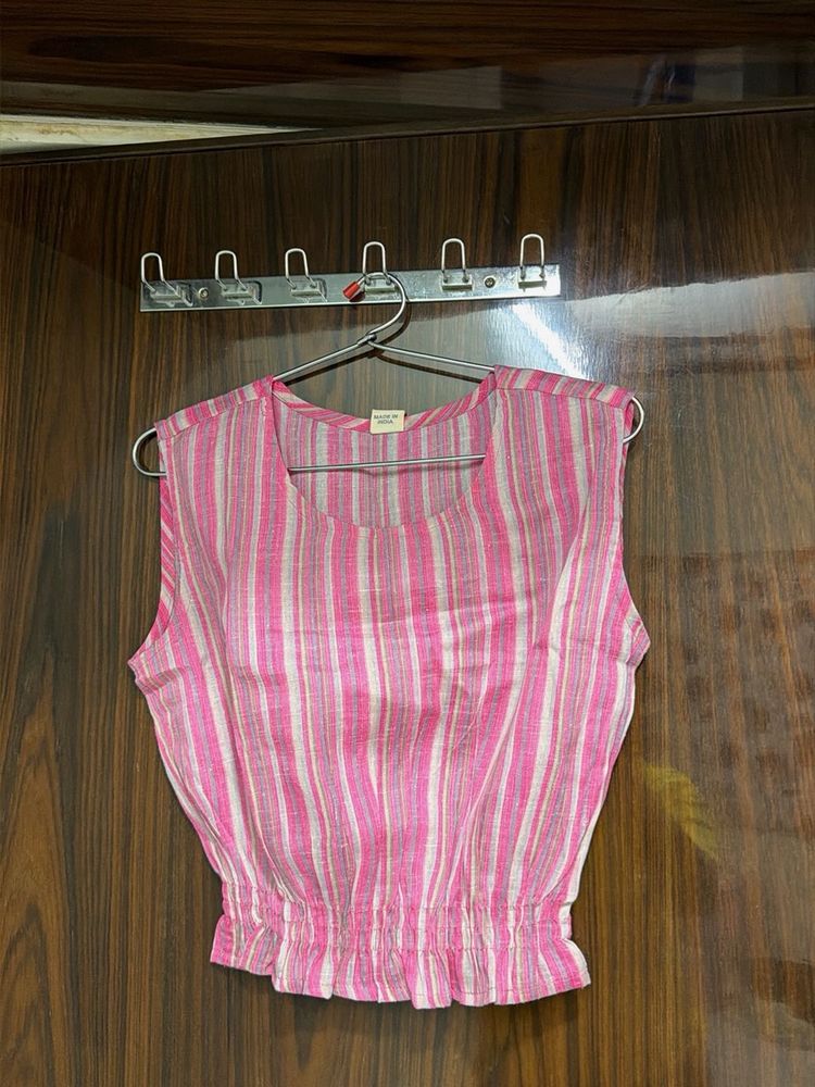 Pink Striped Sleeveless Cropped Top