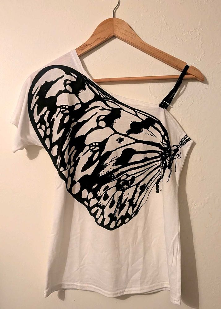 one shoulder black and white top