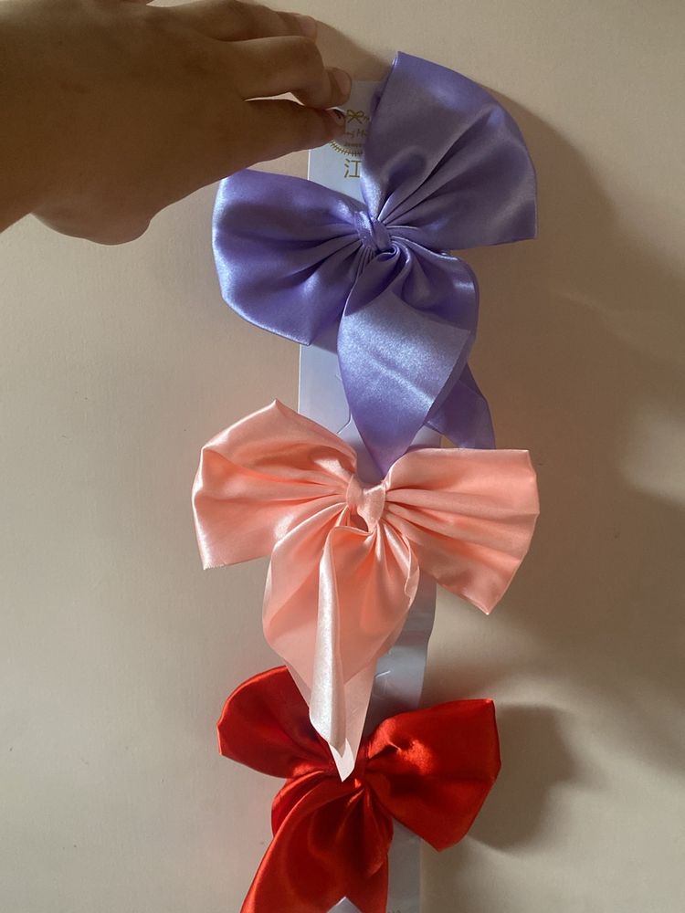 3 bows hair clips red peach lilac