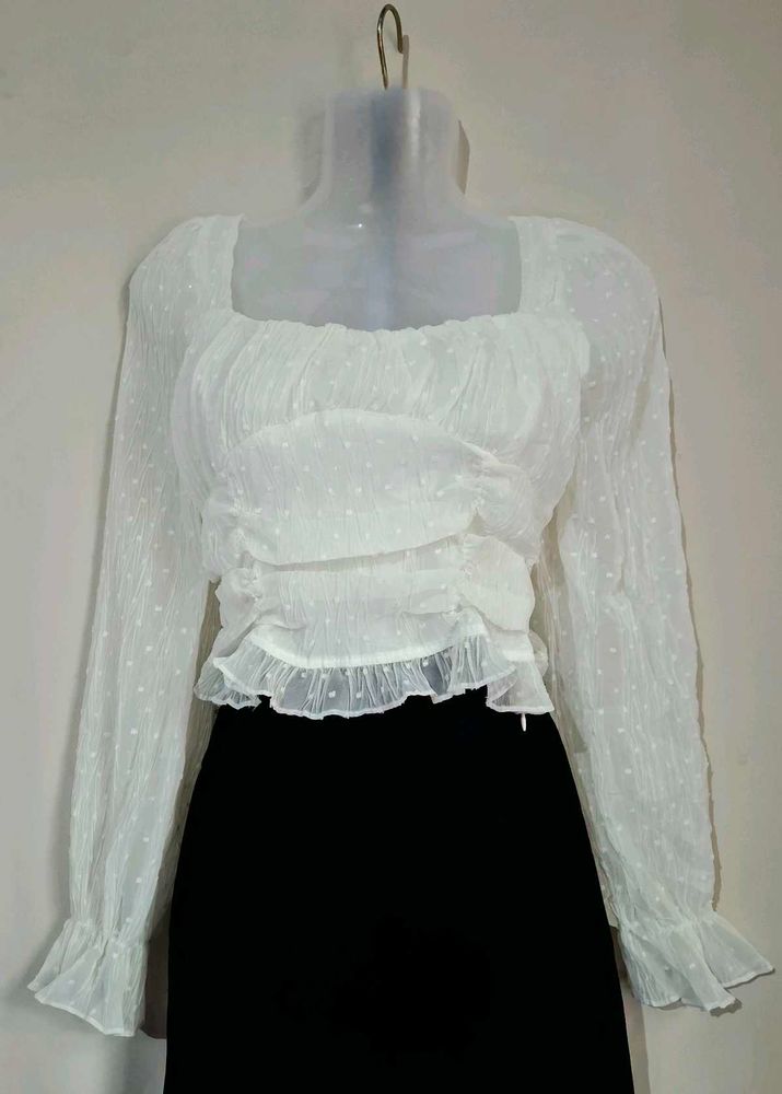 Sheer White Polka Dot Ruffle Top