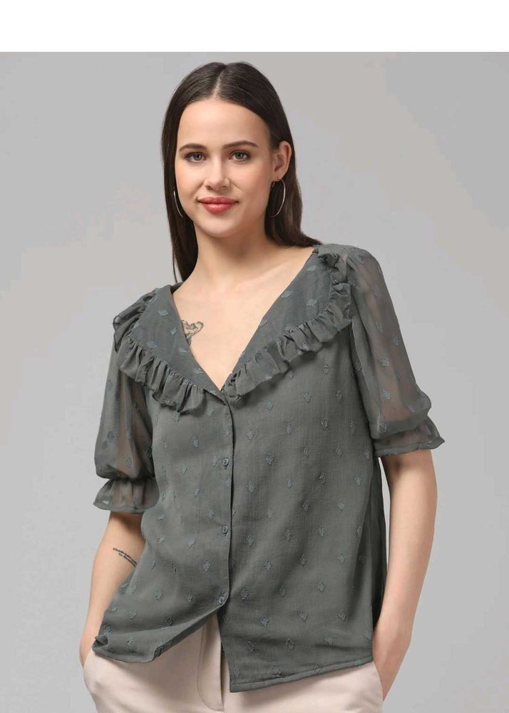 Ruffled Collar Button-Down Top Brand New Stock