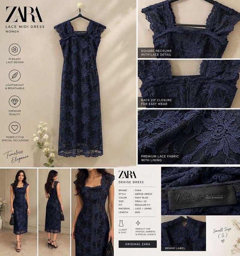 ZARA Navy Blue Lace Midi Dress