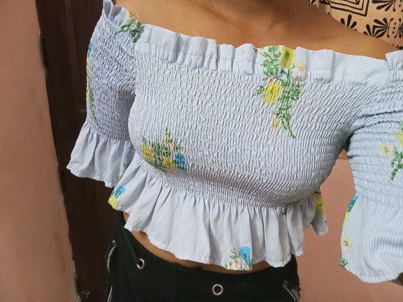 Light Blue Floral Smocked Crop Top