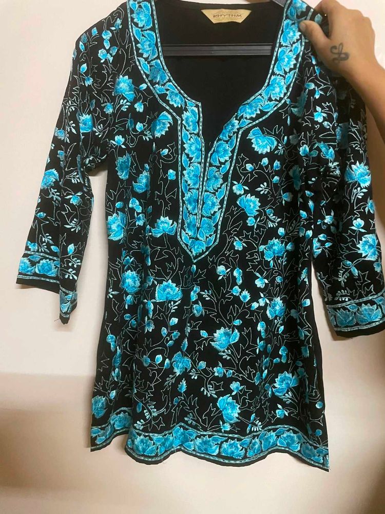 Black Kurta with Blue Floral Embroidery
