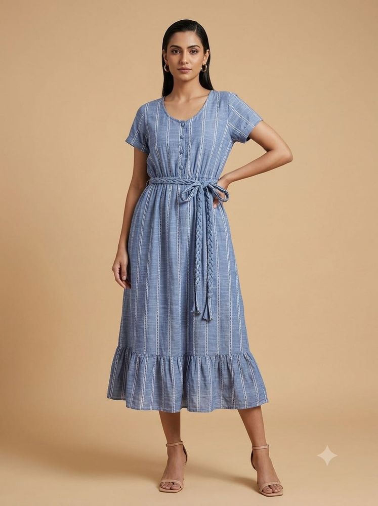 Casual Chic Blue &amp; White Striped Midi Dress with W