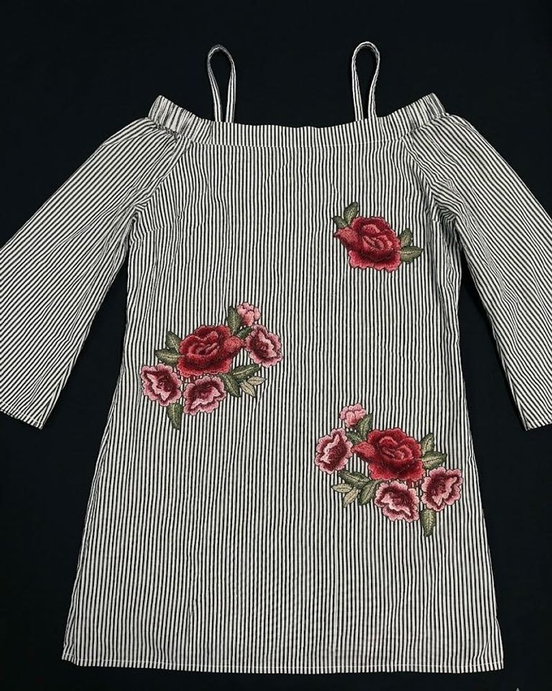 Striped Cold Shoulder Tunic with Roses