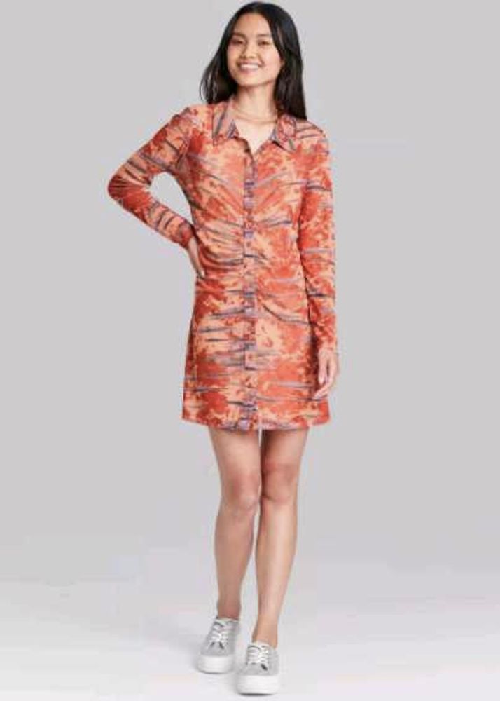 Sheer Abstract Print Long Sleeve Dress