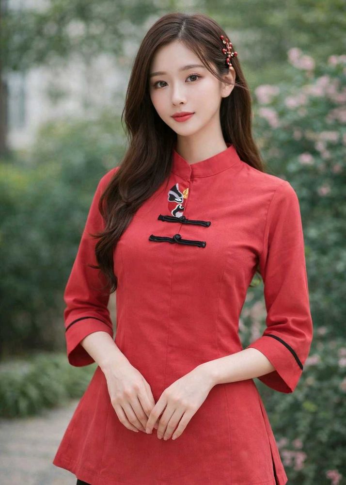 Red Oriental Mask Statement Top