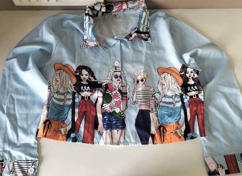 Light Blue Graphic Print Cropped Shirt