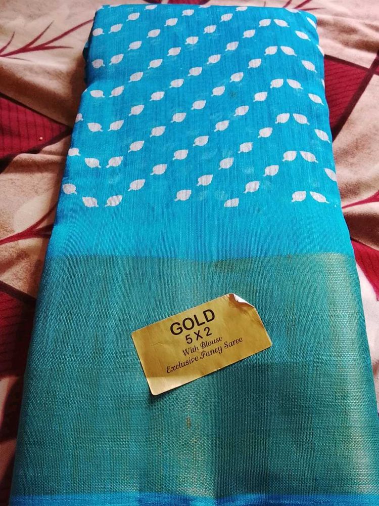 Brand New Blue Saree with White Motifs