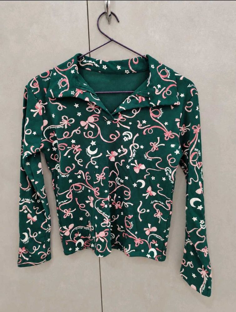 y2k Cute Forest Green Bow Print Collared Top 🎀