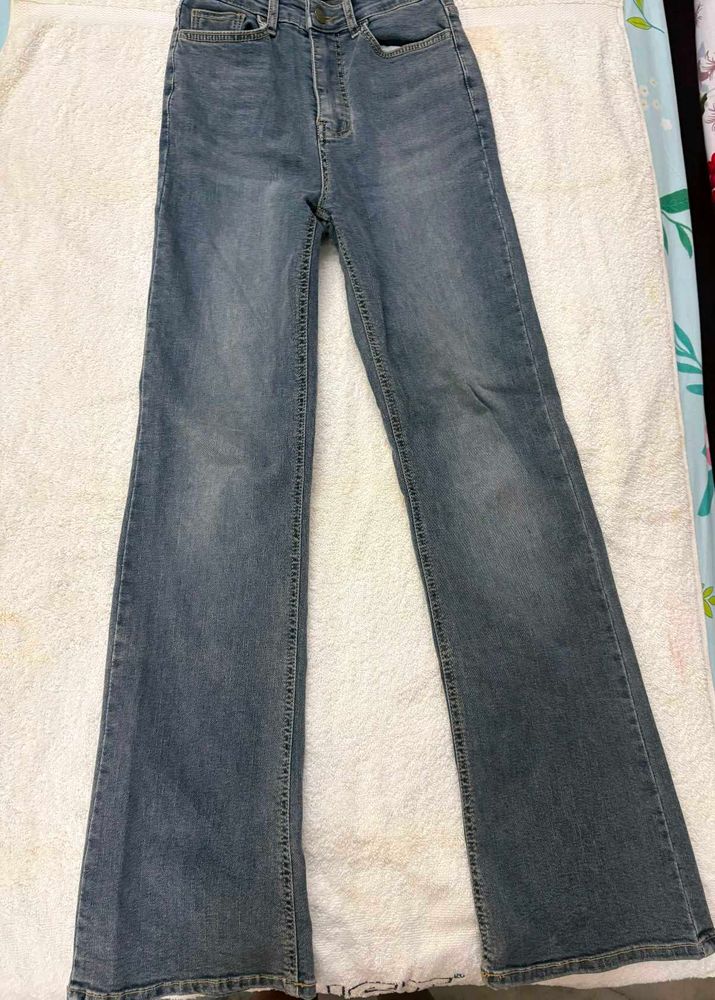 Dark Grey Washed Flared Jeans(High Waist)