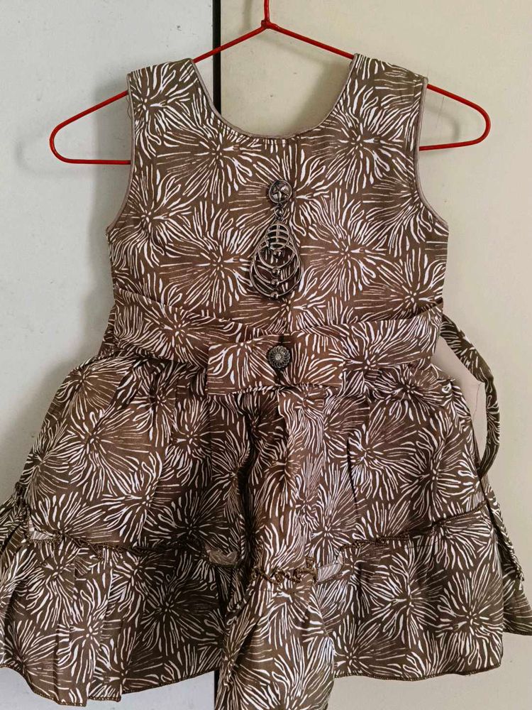 Girls Brown &amp; White Pattern Dress