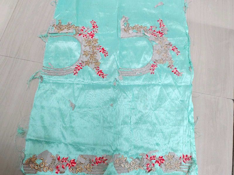 Embroidered Teal Silk Blouse Fabric