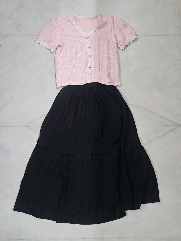 Cute Pink Lace Trim Top with black skirt