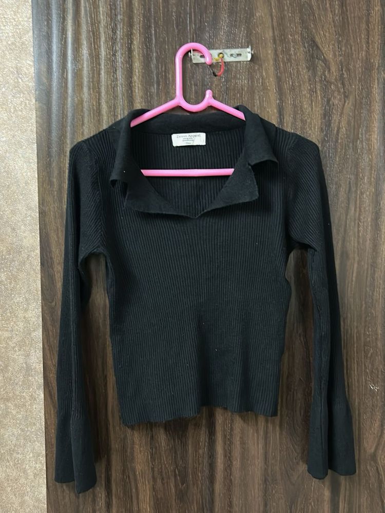 Chic Black Ribbed Bell Sleeve Top
