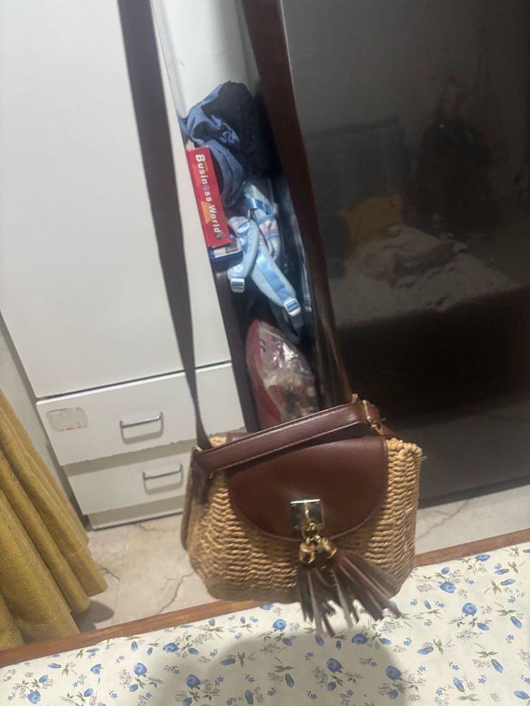 Woven Crossbody Bag with Tassel