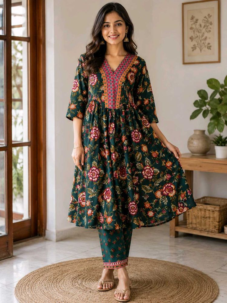 Green Floral Print Kurta Set