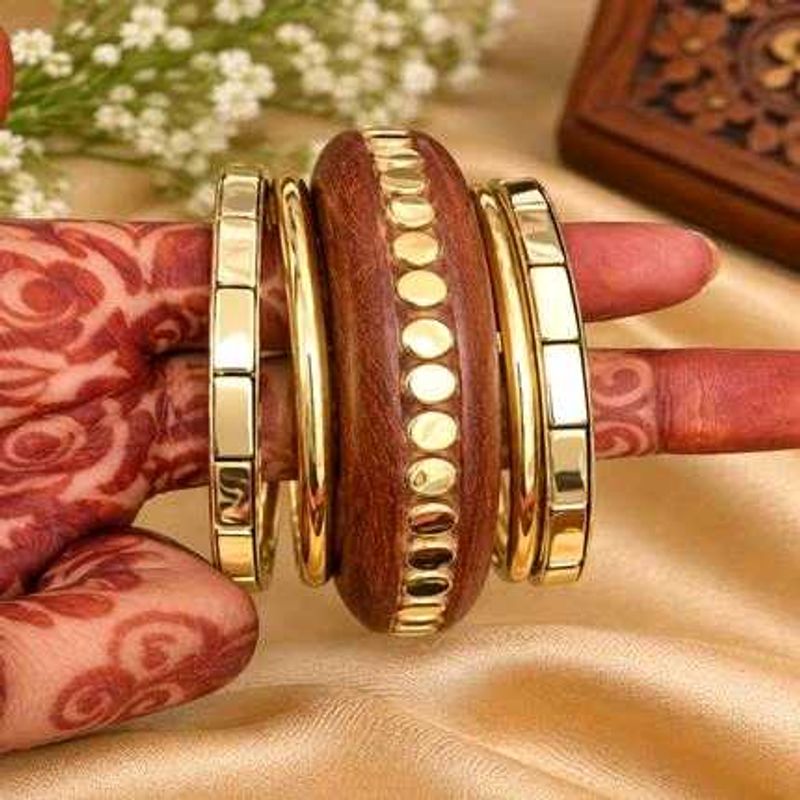 Ethnic Wooden &amp; Gold Bangles Set