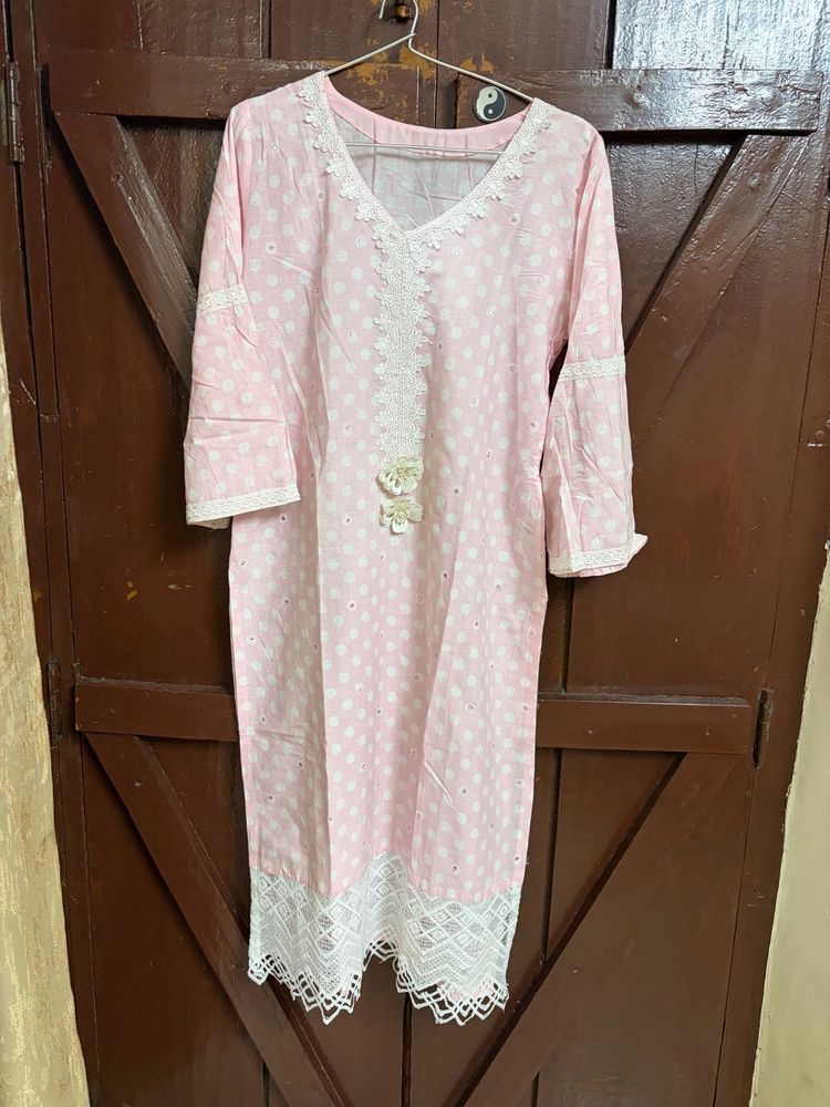 Pink Polka Dot Kurta set with organza dupatta