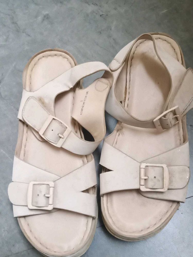 Beige Buckled Strap Sandals