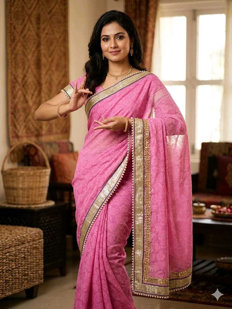 Elegant Pink Saree with Gold pearl Border✨💖💖💖💖