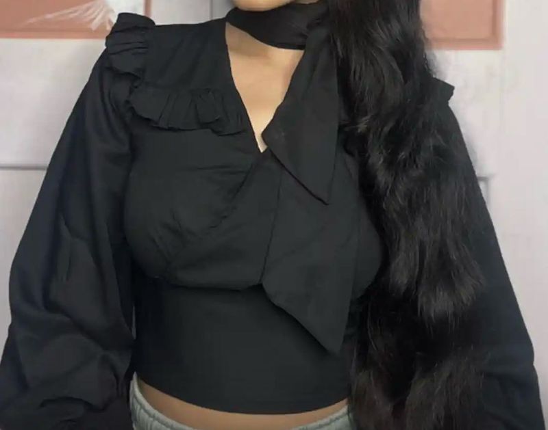 Chic Black Ruffled Crop Top with Bow Detail