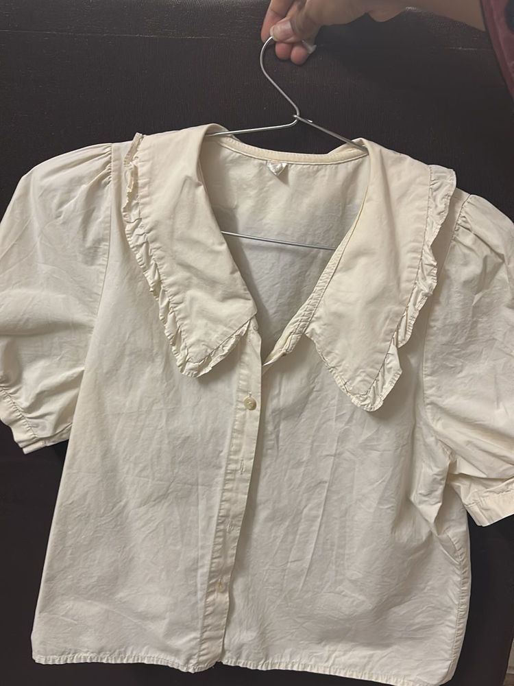 Cream Collared Puff Sleeve Top