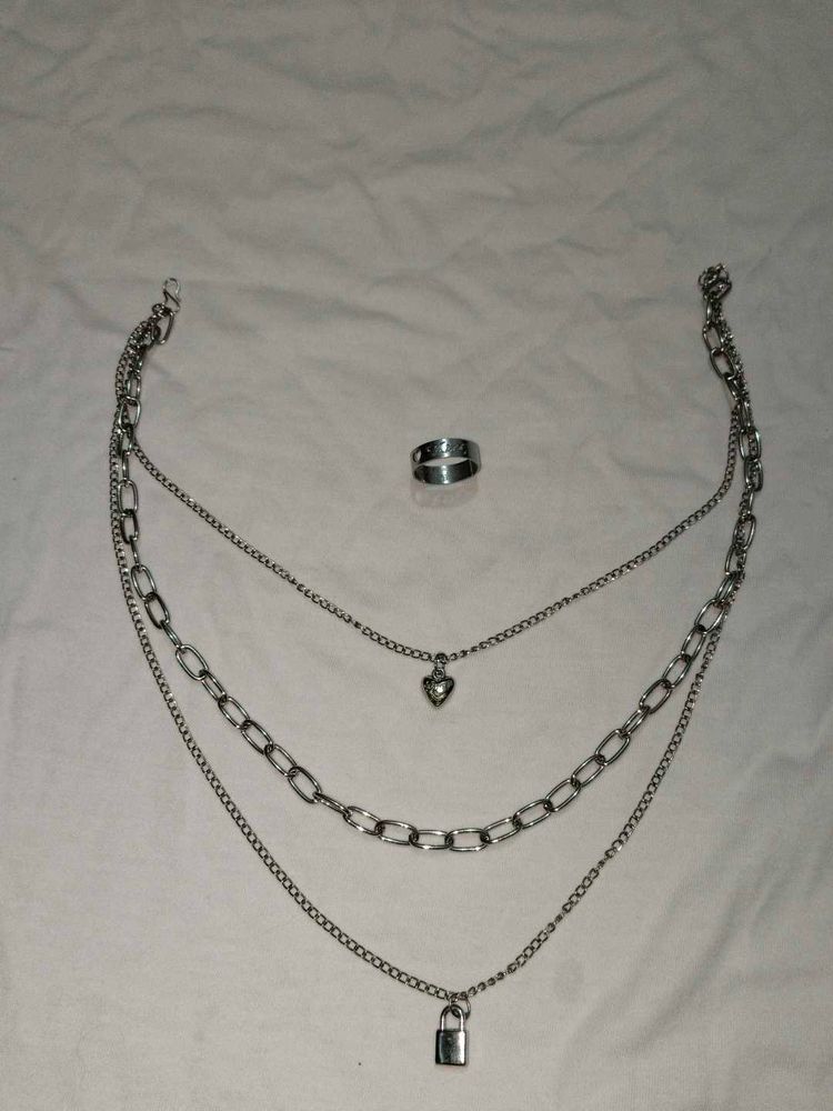 Layered Chain Necklace &amp; Ring Set stainless steel