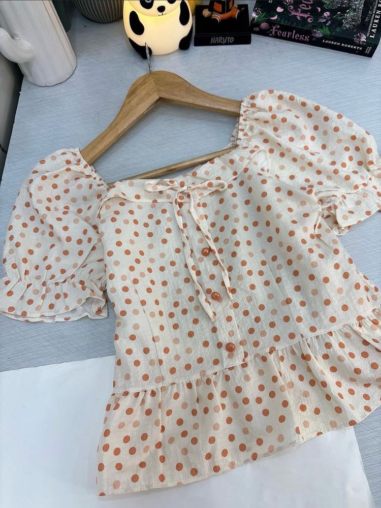 Polka Dot Puff Sleeve Peplum Top