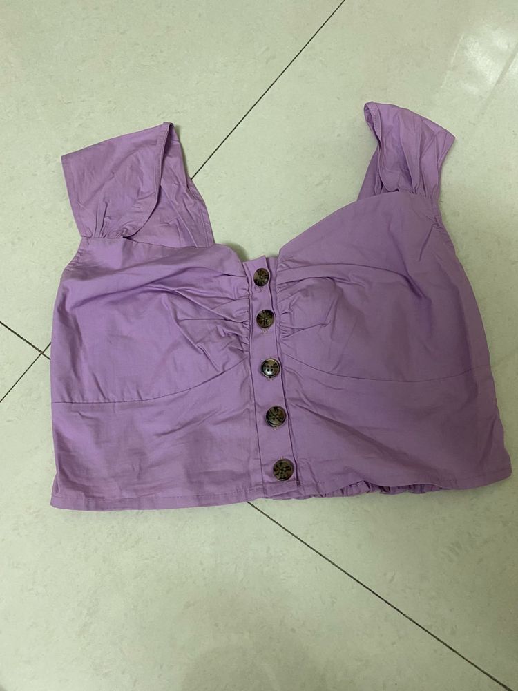 Lavender Ruched Button-Front Crop Top