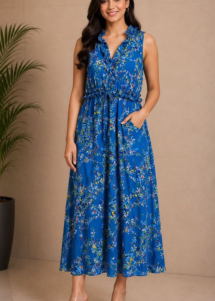 Blue Floral Print Midi Dress with Ruffle Neck