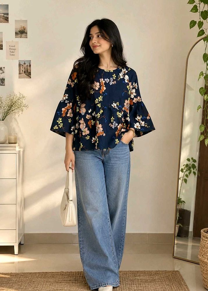 Chic Navy Floral Bell Sleeve Top