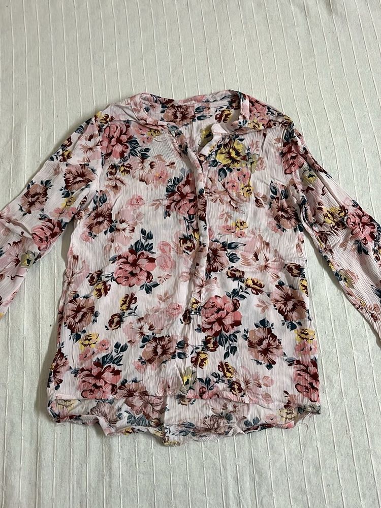 Sheer Floral Print Button-Up Top