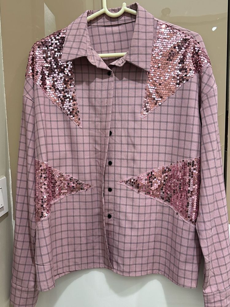 Pink Checkered Sequin Detail Shirt