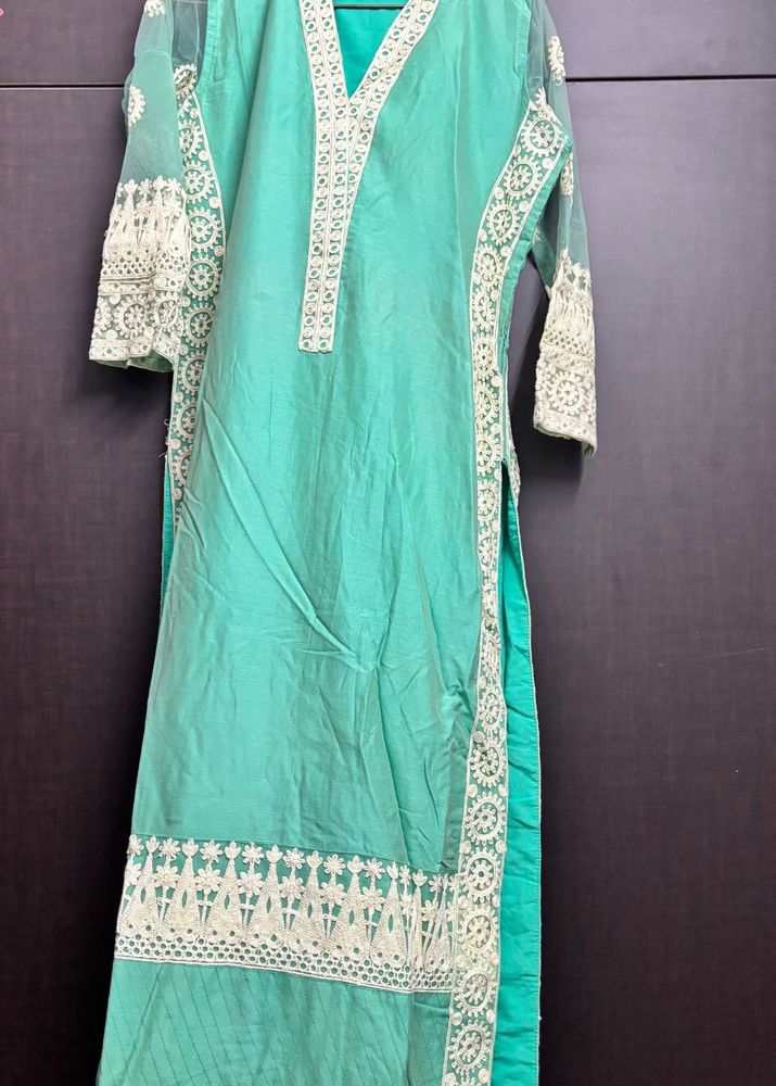 Beautiful Teal Kurta Set with Lace Details
