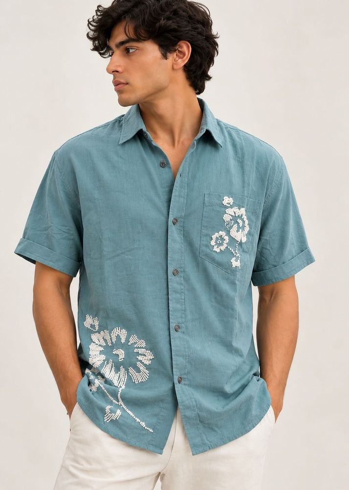 Men's Blue Short Sleeve Embroidered Shirt