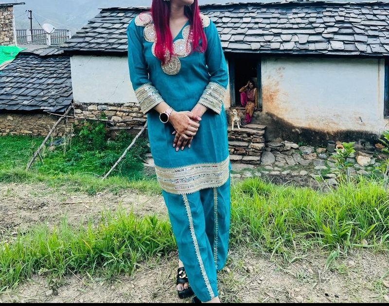 combo offer Teal Embroidered Kurta with pant cord