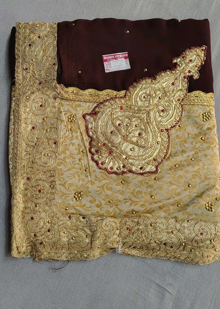 Embroidered Brown &amp; Gold Saree