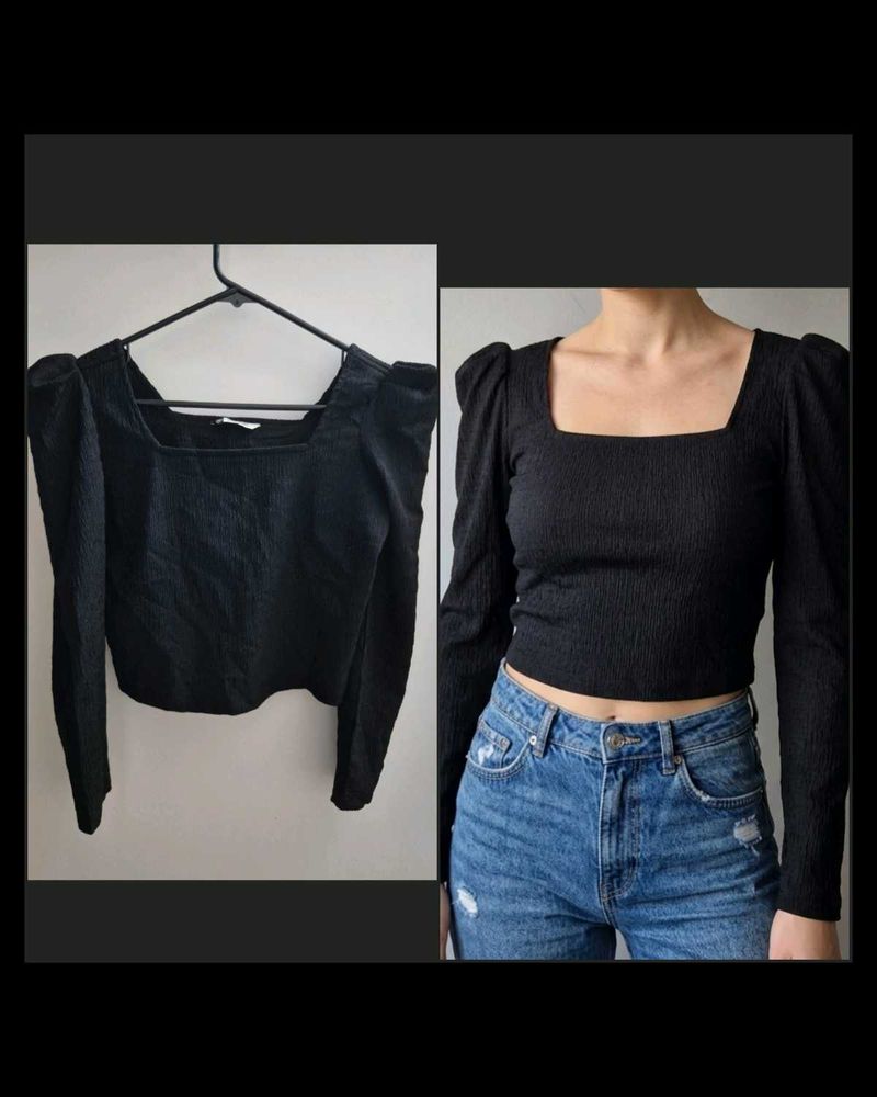 Black Puff Sleeve Square Neck Top