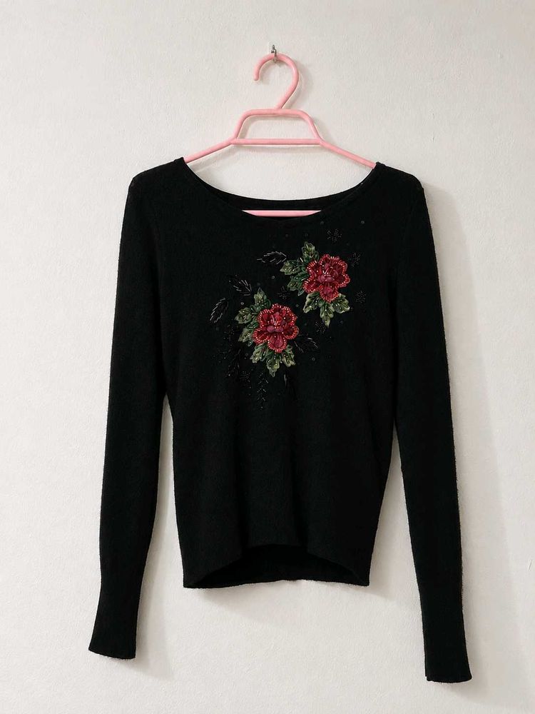 Black Embroidered Floral Long Sleeve Top