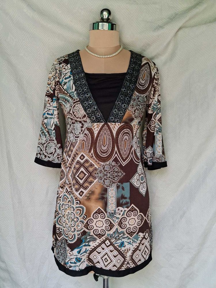 Boho Print V-Neck 3/4 Sleeve Tunic Dress